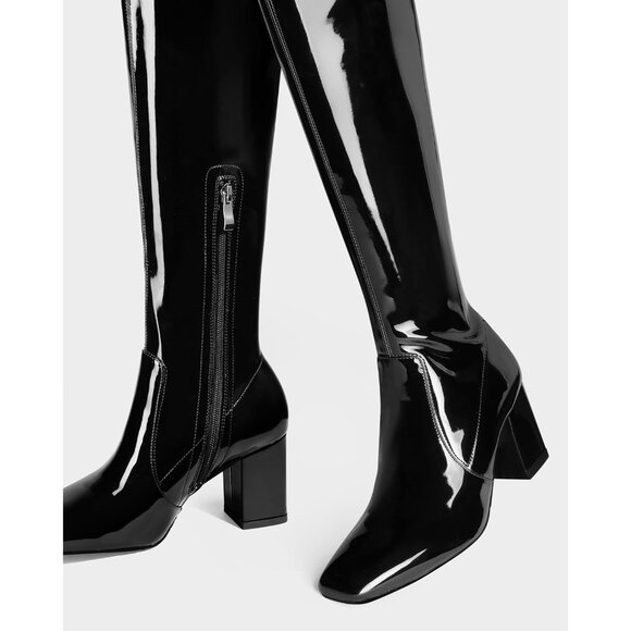Women Black Over the Knee Square Toe Chunky Heel Patent Leather Long Boots - Picture 5 of 9
